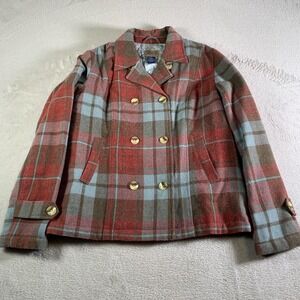 Fossil Brand Coat Womens XL Red Blue Plaid Wool Pea Coat Quilted Lined Warm